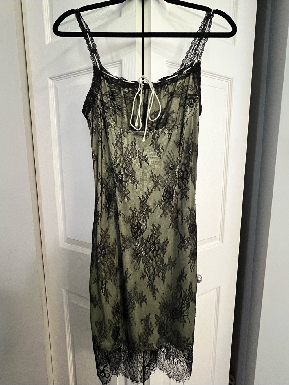 Cider Olive Green Slip Dress with Black Lace Overlay